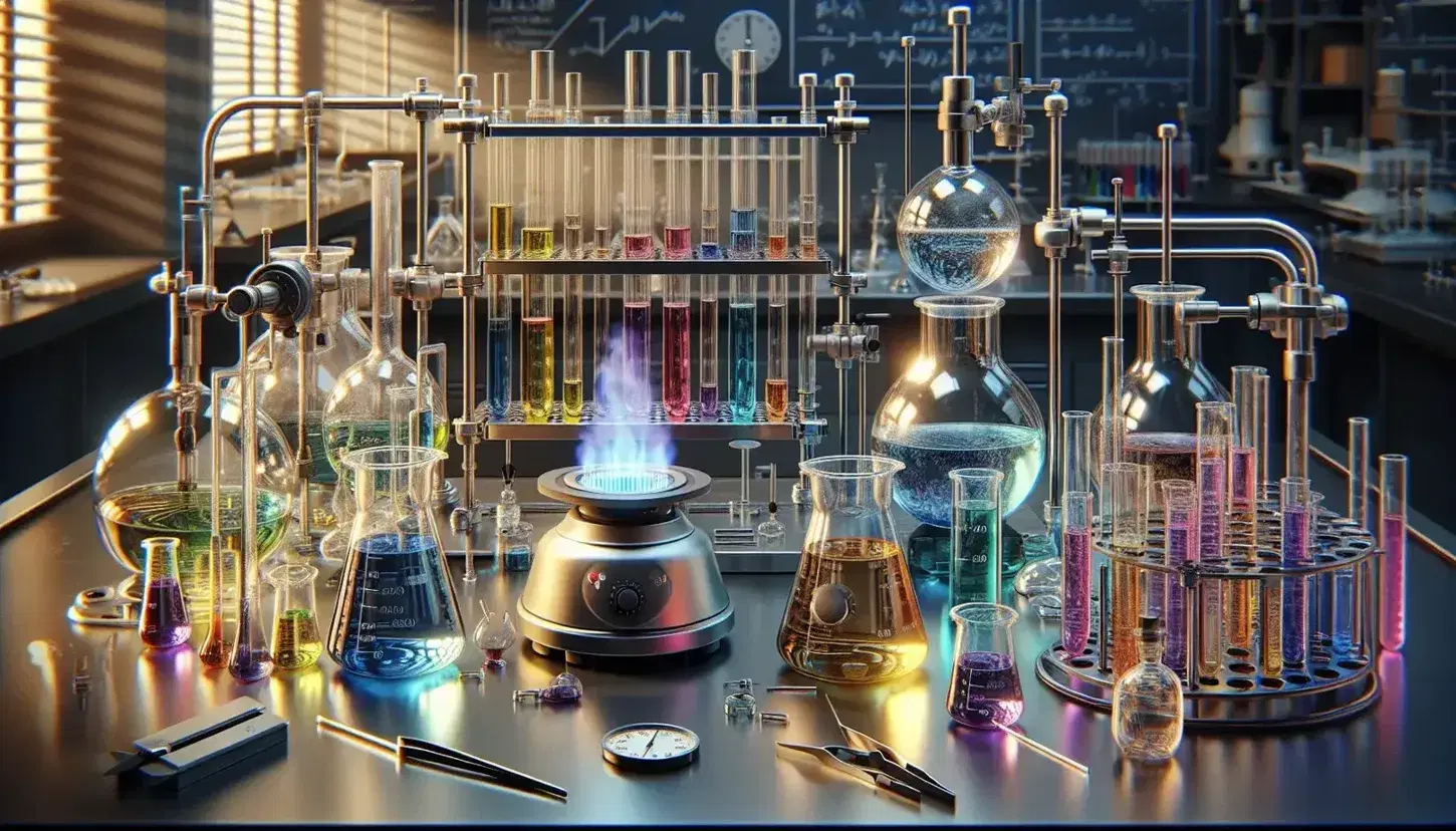 Laboratorio scientifico con becher di vetro, liquidi colorati, bruciatore Bunsen acceso, provette, pinze metalliche e timer fermo.