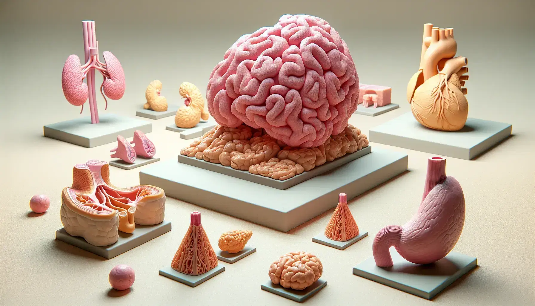 Modelos anatómicos tridimensionales de glándulas endocrinas humanas, incluyendo la pituitaria rosa, tiroides marrón claro, adrenales naranja-amarillo y páncreas rosa pálido, sobre superficie lisa.