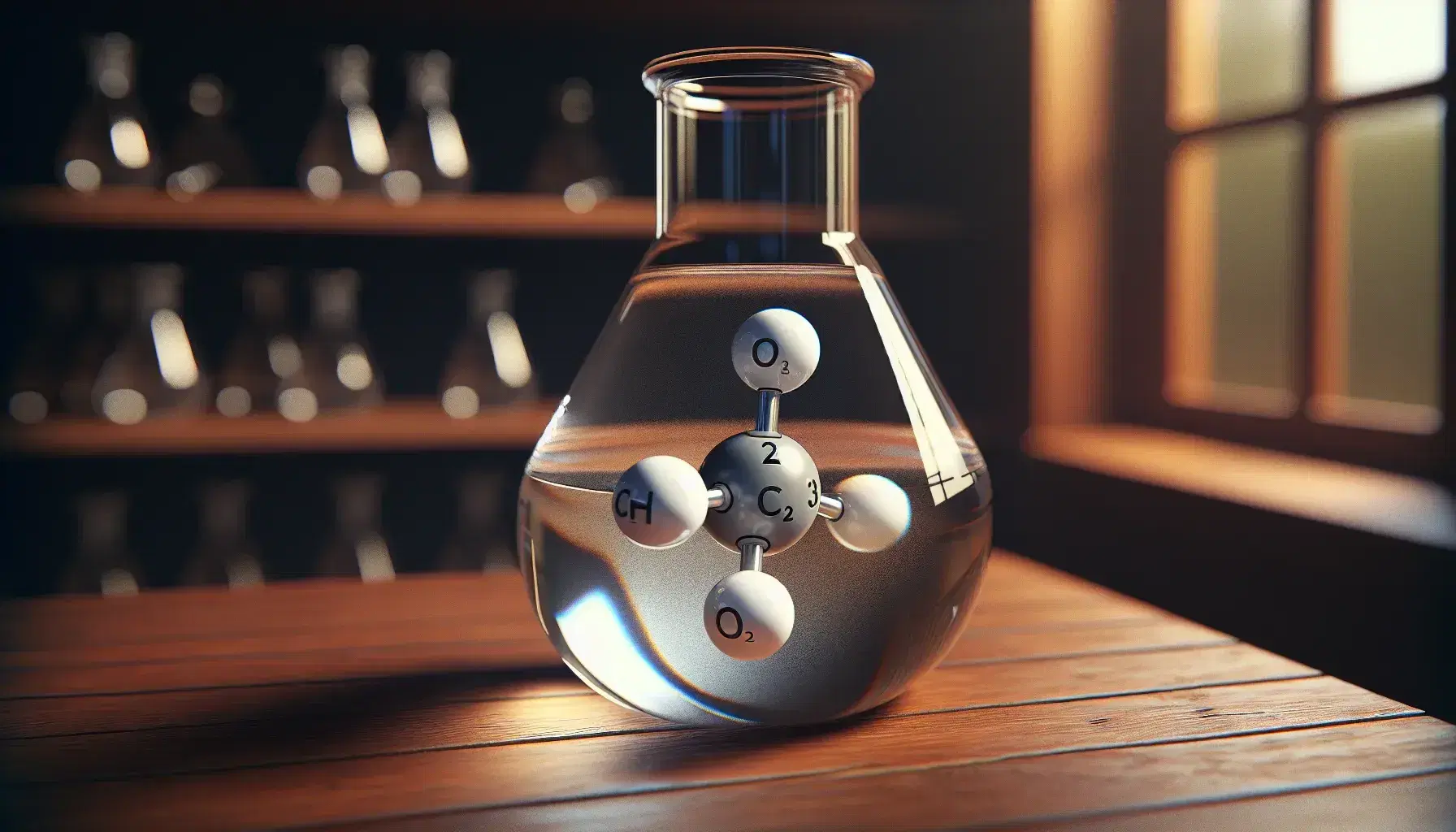 Molecular model of methane CH4 in glass flask with colorless liquid on wooden bench next to model of ethene C2H4 in similar flask.