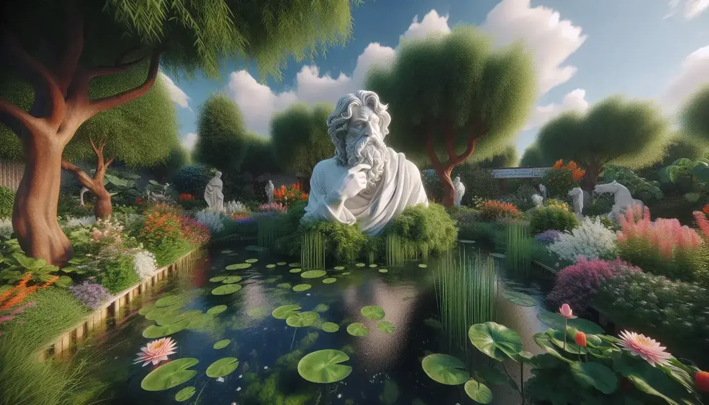 Statua in marmo bianco di filosofo con baffi e capelli in disordine in giardino rigoglioso, accanto a albero e stagno con pesci colorati.