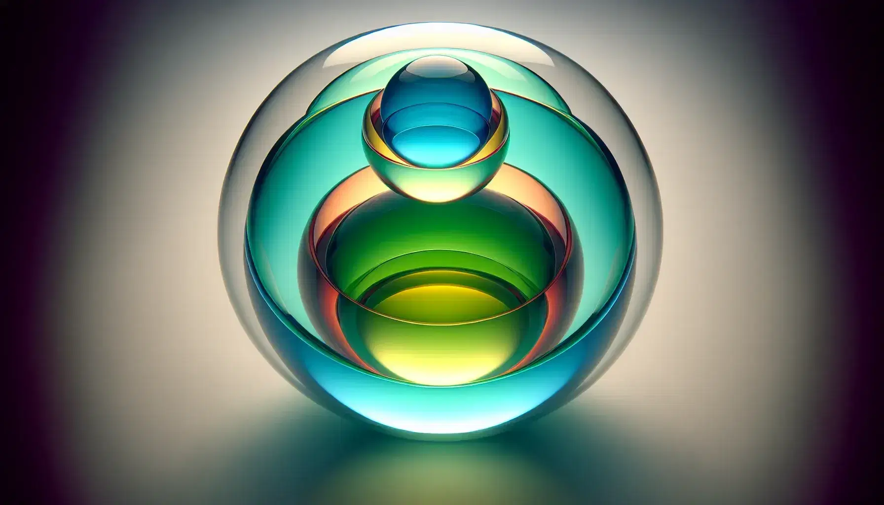 Nested translucent spheres in primary colors with overlapping hues creating a brown center, set against a light gray background with soft lighting and subtle shadows.