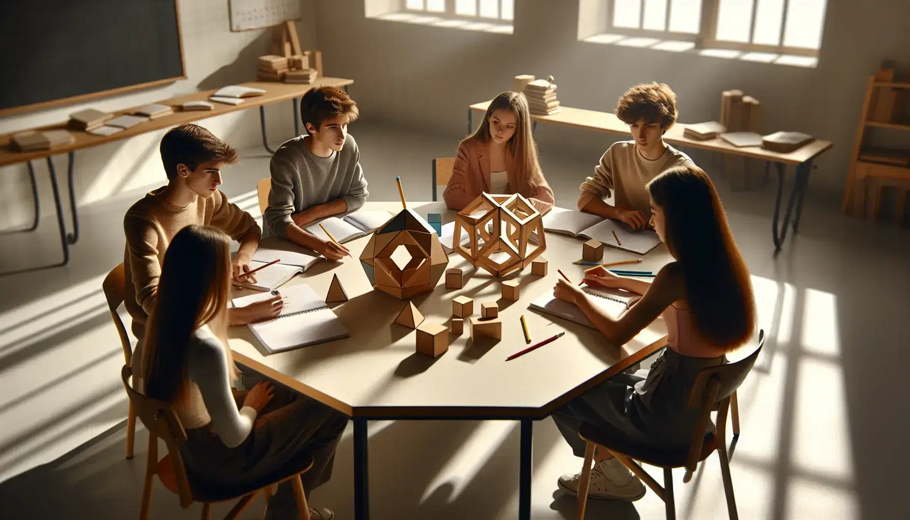 Estudiantes adolescentes colaborando en clase, sentados alrededor de una mesa hexagonal con bloques geométricos de madera y cuadernos abiertos.