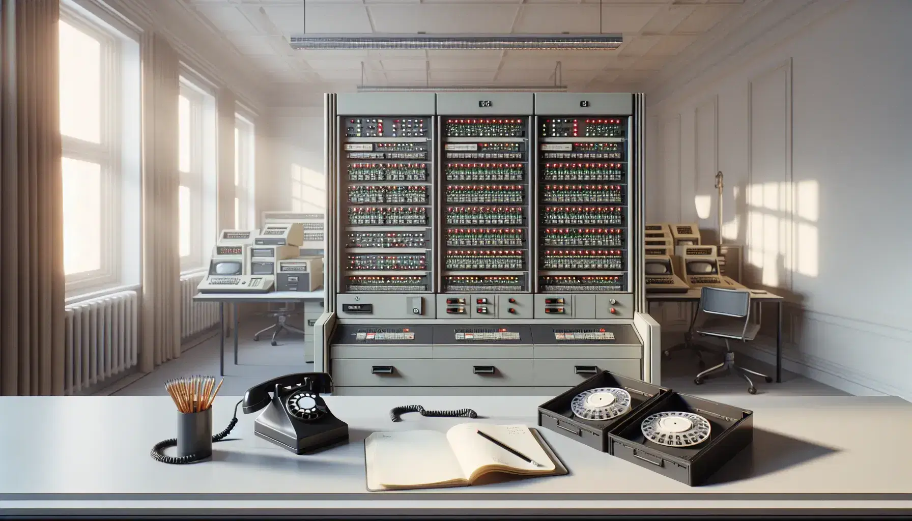 Sala con computadora de primera generación, paneles grises, luces indicadoras, cintas magnéticas, mesa con teléfono antiguo y silla de oficina vacía.