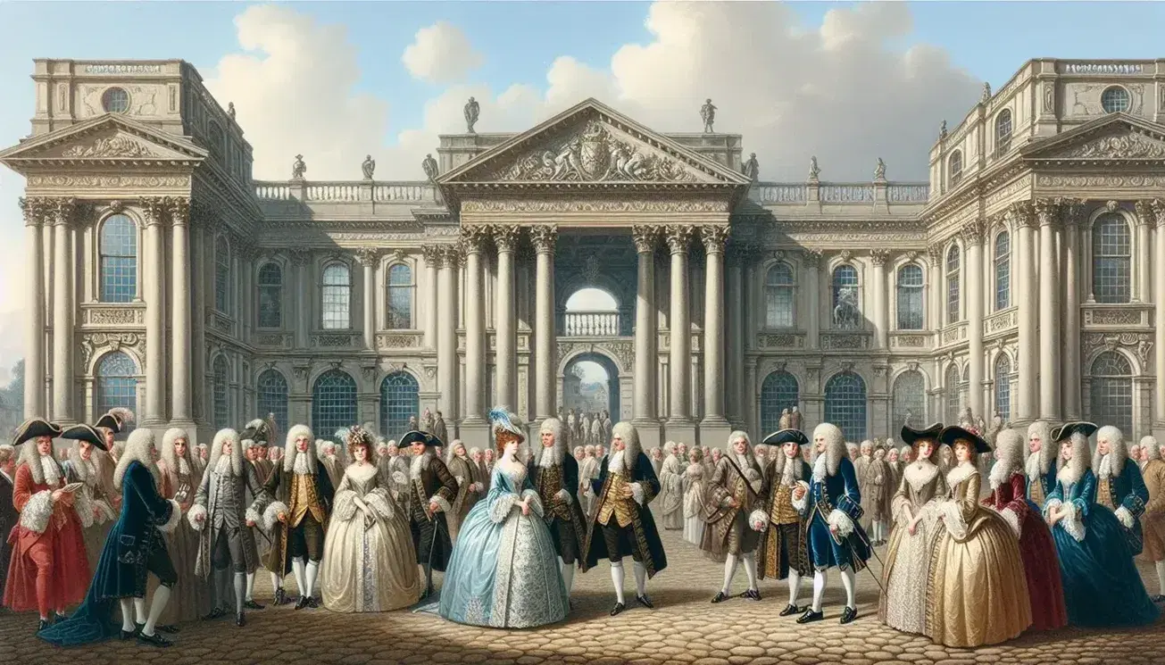 Scena storica davanti a palazzo barocco Stuart con uomini in abiti d'epoca e parrucche, donna in abito seta blu e oro con ventaglio, cielo azzurro.