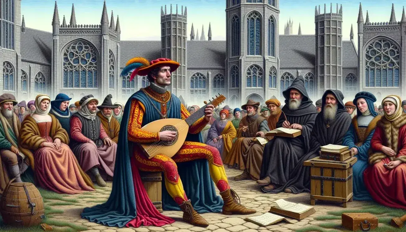 Ministril medieval tocando laúd para un público variado con vestimentas de época, trasfondo de iglesia gótica y clérigo escribiendo.