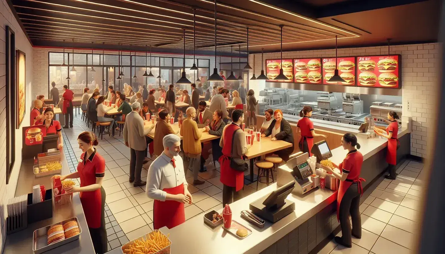 Diverse staff and customers fill a busy fast food restaurant with red and black decor, stainless steel kitchen equipment, and checkered flooring.