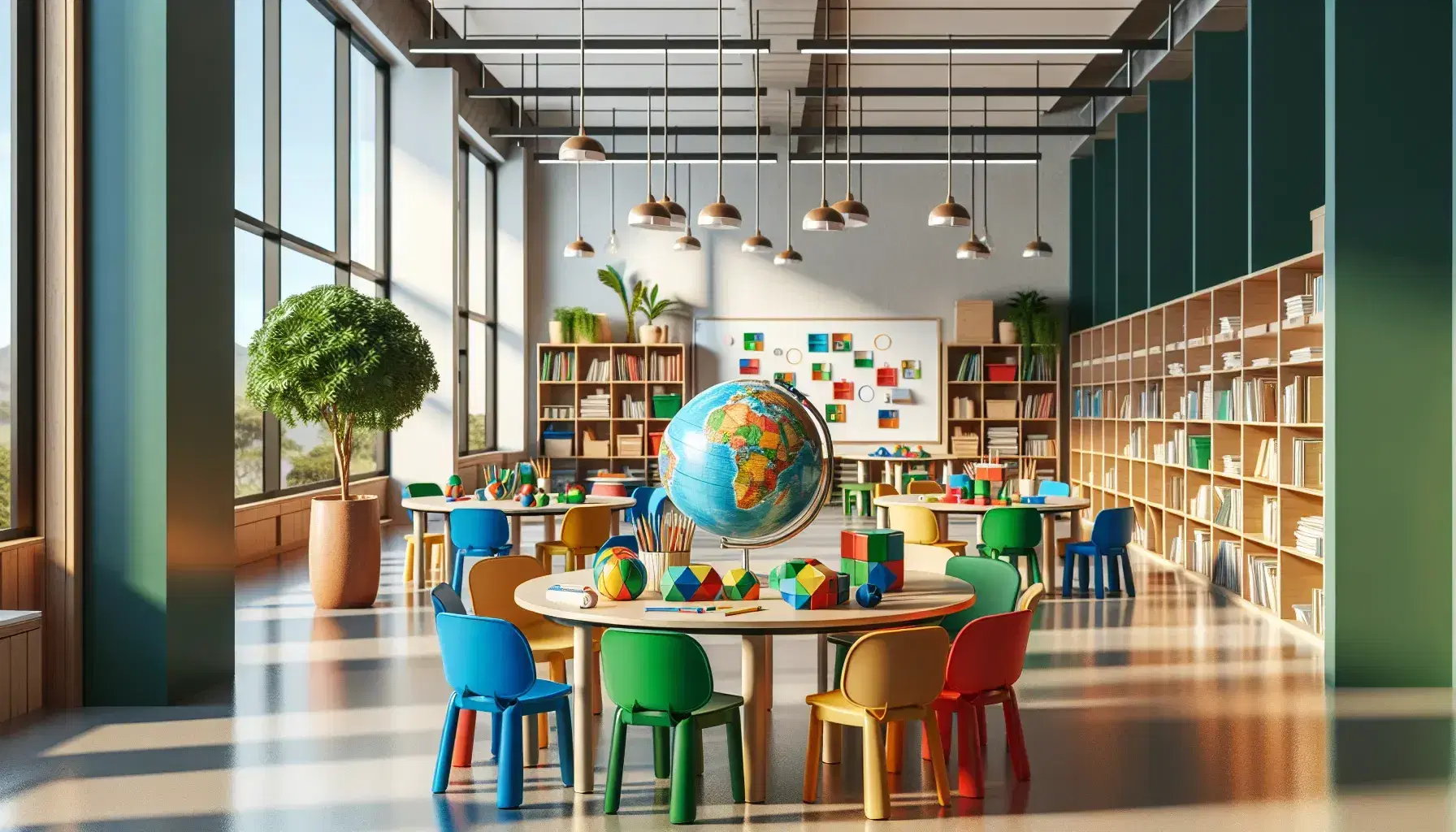 Aula luminosa con mesas redondas y sillas de colores, materiales educativos, pizarra blanca, estantería con libros y planta verde.