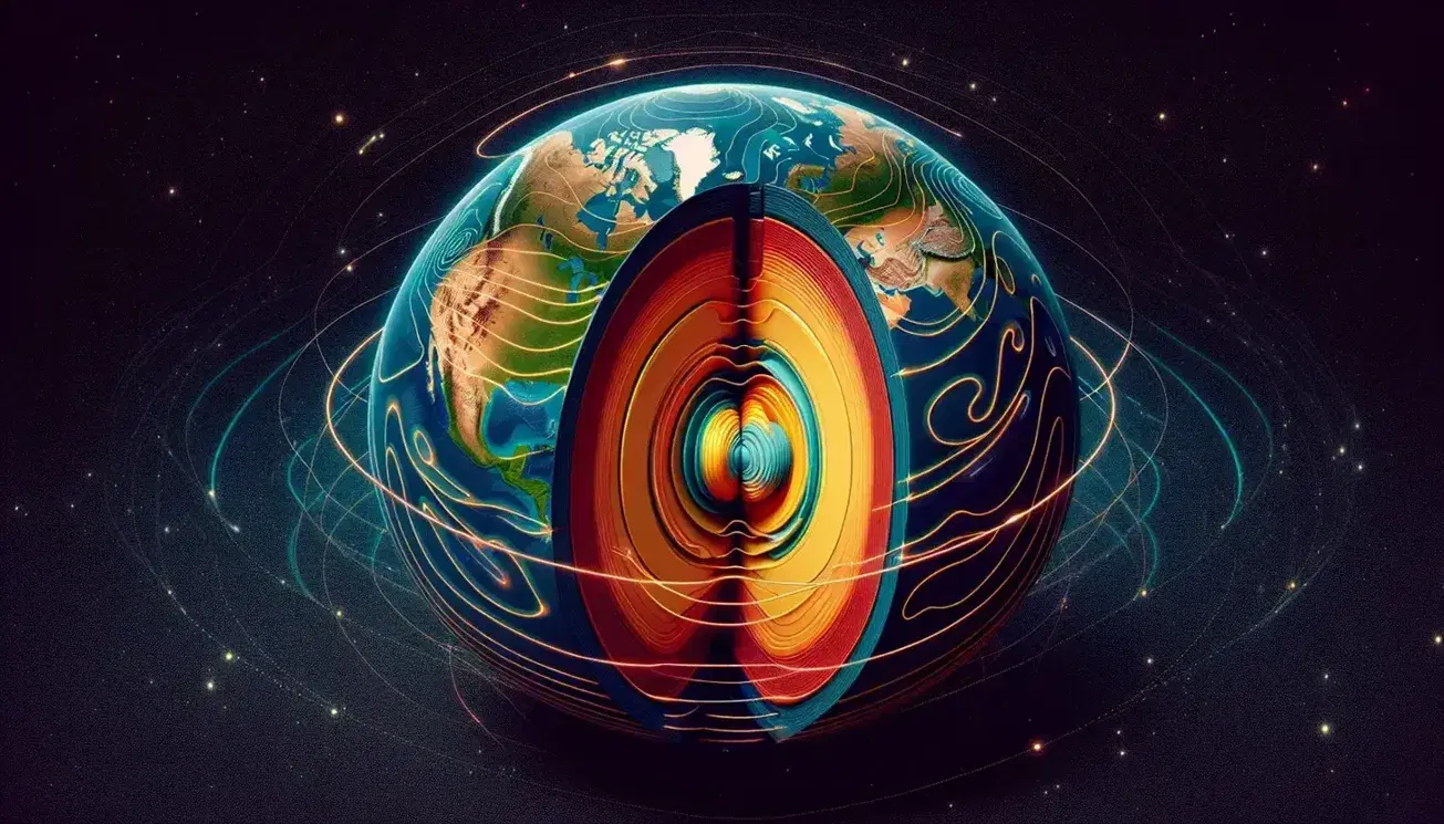 Section view of Earth with brown crust, orange mantle, yellow outer core, red inner core and magnetic field lines.