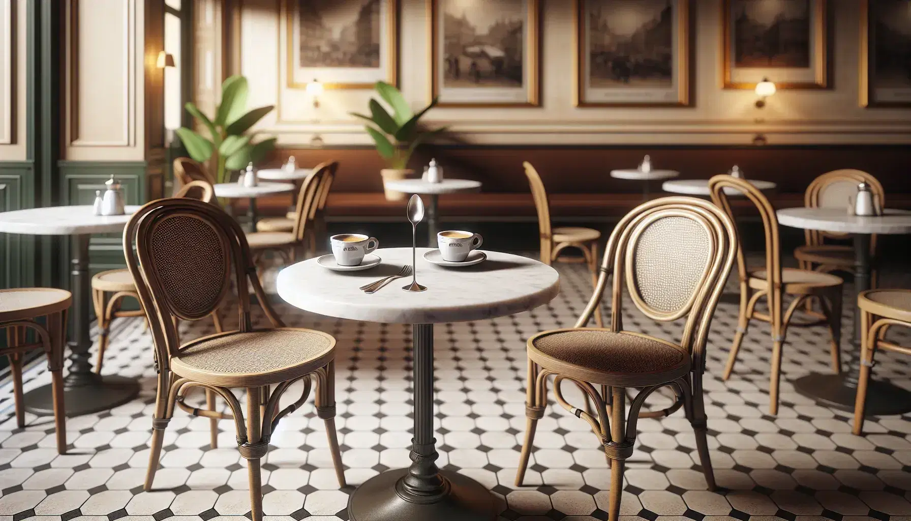 Classic French café scene with empty espresso cups on a marble bistro table, elegant silver spoon, and woven rattan chairs against a cream interior.