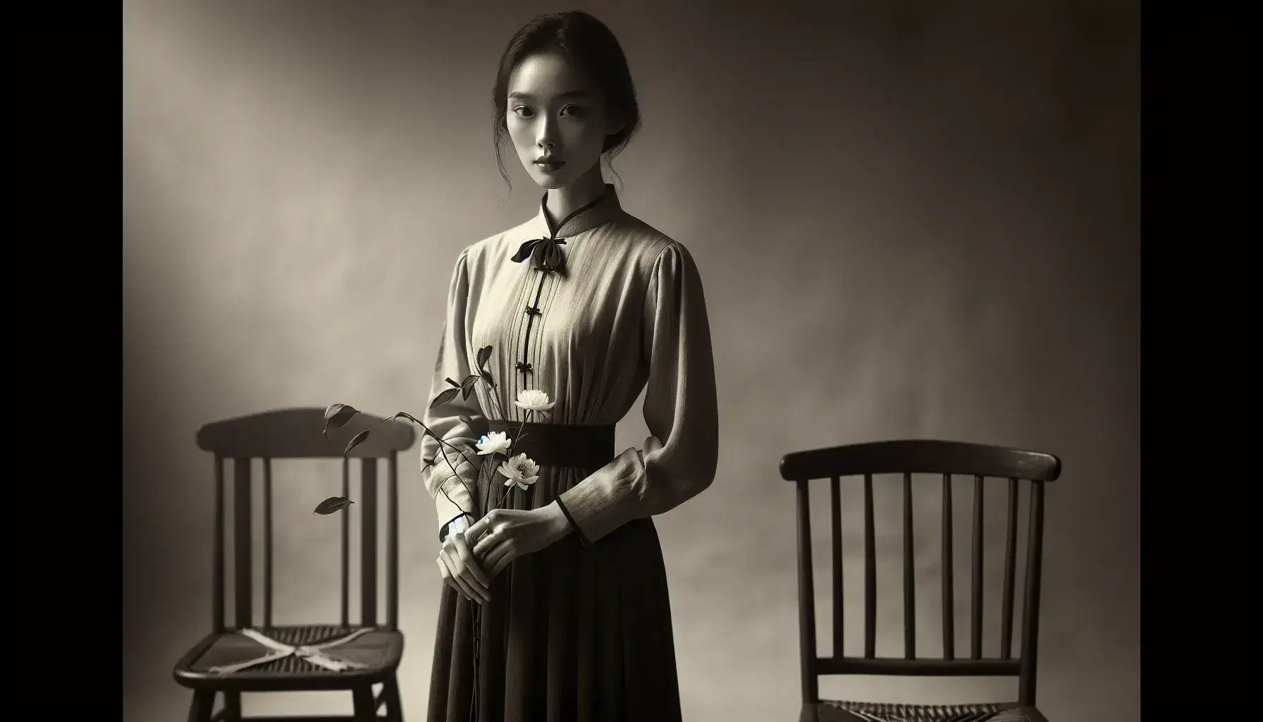 Vintage photograph of an early 20th-century Asian woman in traditional attire holding a bouquet, standing beside an empty woven-seat wooden chair.