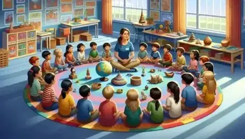 Bambini attenti ascoltano insegnante con globo, seduti su tappeto colorato circondati da oggetti culturali in aula luminosa.