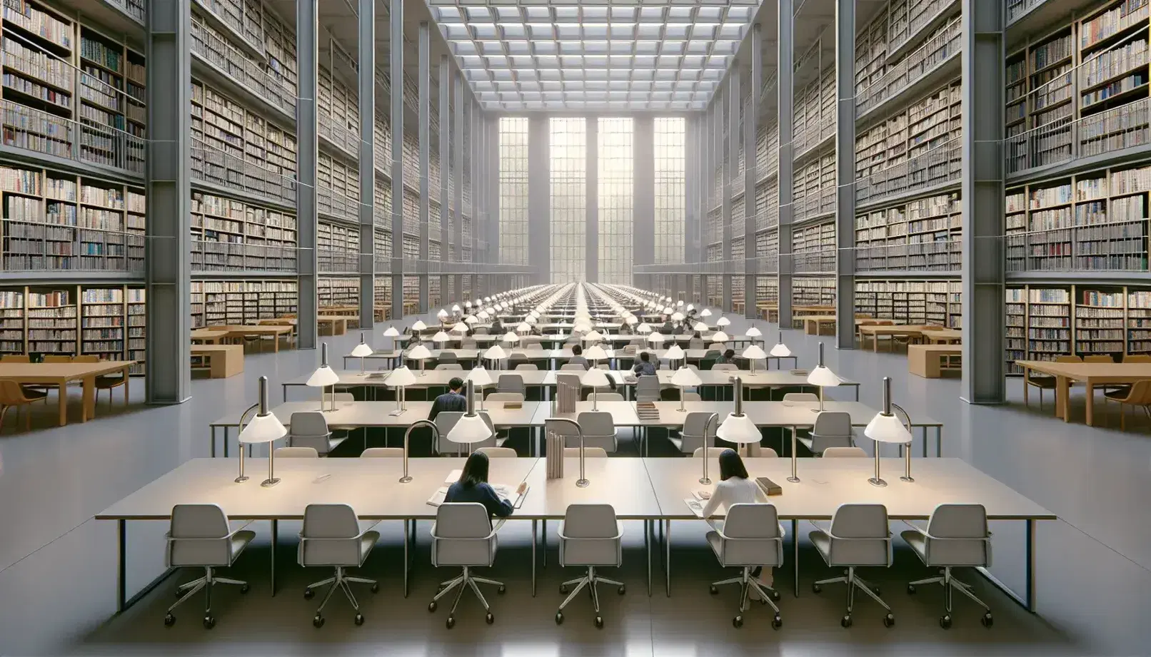 Vista interna di una biblioteca moderna con studenti seduti a tavoli lunghi e stretti, sedie ergonomiche grigie, scaffali pieni di libri e statue classiche.