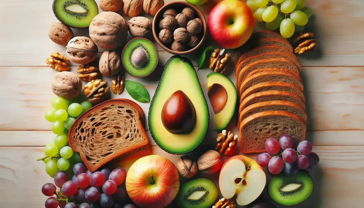 Variedad de alimentos saludables en superficie de madera clara con aguacate, nueces, pan integral, uvas moradas y rodajas de manzana roja.