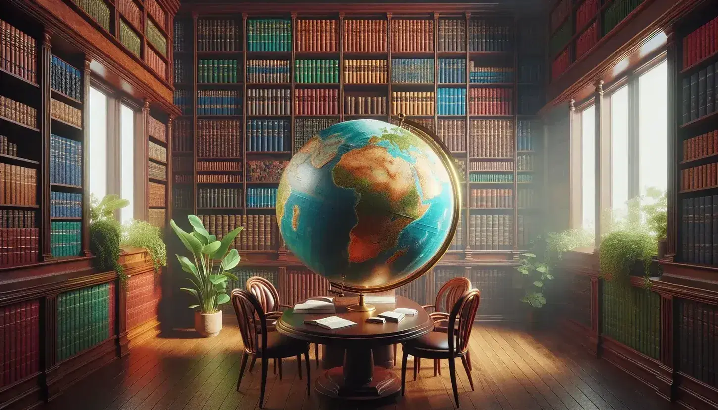 Biblioteca accogliente con mappamondo in rilievo su leggio, scaffali di legno pieni di libri rilegati e tavolo per lettura.