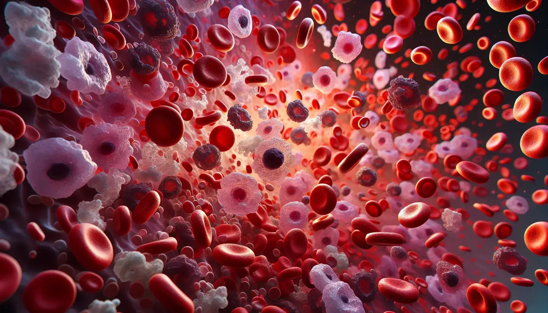 Vista microscópica de sangre humana con células rojas en distintos tonos, células blancas granulares y plaquetas pequeñas sobre fondo que simula plasma.