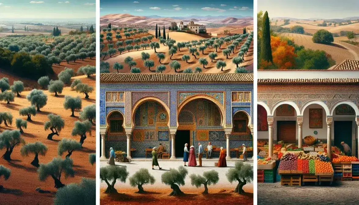 Collage fotografico di paesaggio spagnolo con uliveto, architettura moresca e mercato all'aperto con prodotti locali.