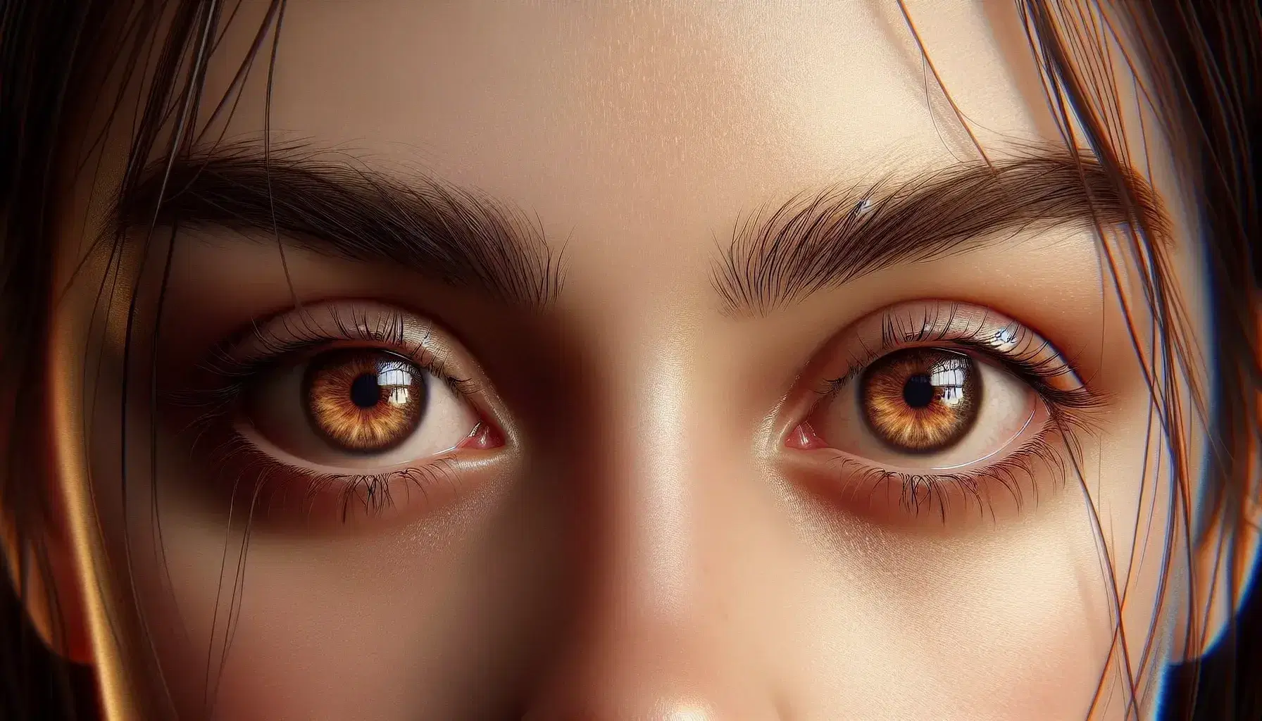 Close-up of attentive brown eyes with dilated pupils and flecks of amber, framed by groomed eyebrows and long lashes, against a soft-focus background.