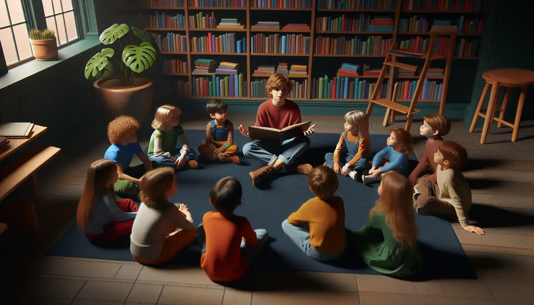 Niños atentos escuchando a un compañero contar una historia en la biblioteca, sentados en alfombra azul con estanterías de libros al fondo.