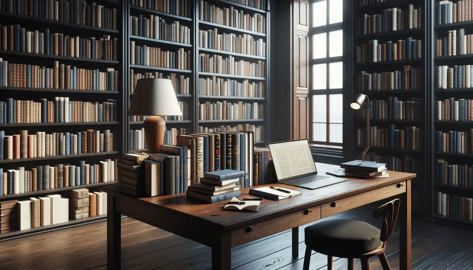 Biblioteca iluminada con estantes de madera oscuros llenos de libros, mesa con laptop abierta, libros apilados, cuaderno y lámpara, ventana al fondo.