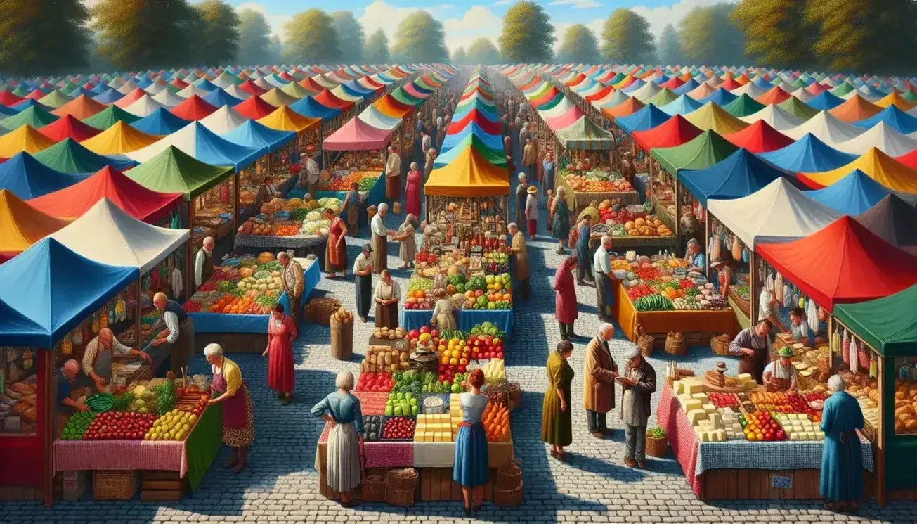 Mercato all'aperto con bancarelle colorate che vendono frutta, verdura, formaggi e pane, frequentato da persone che fanno acquisti.