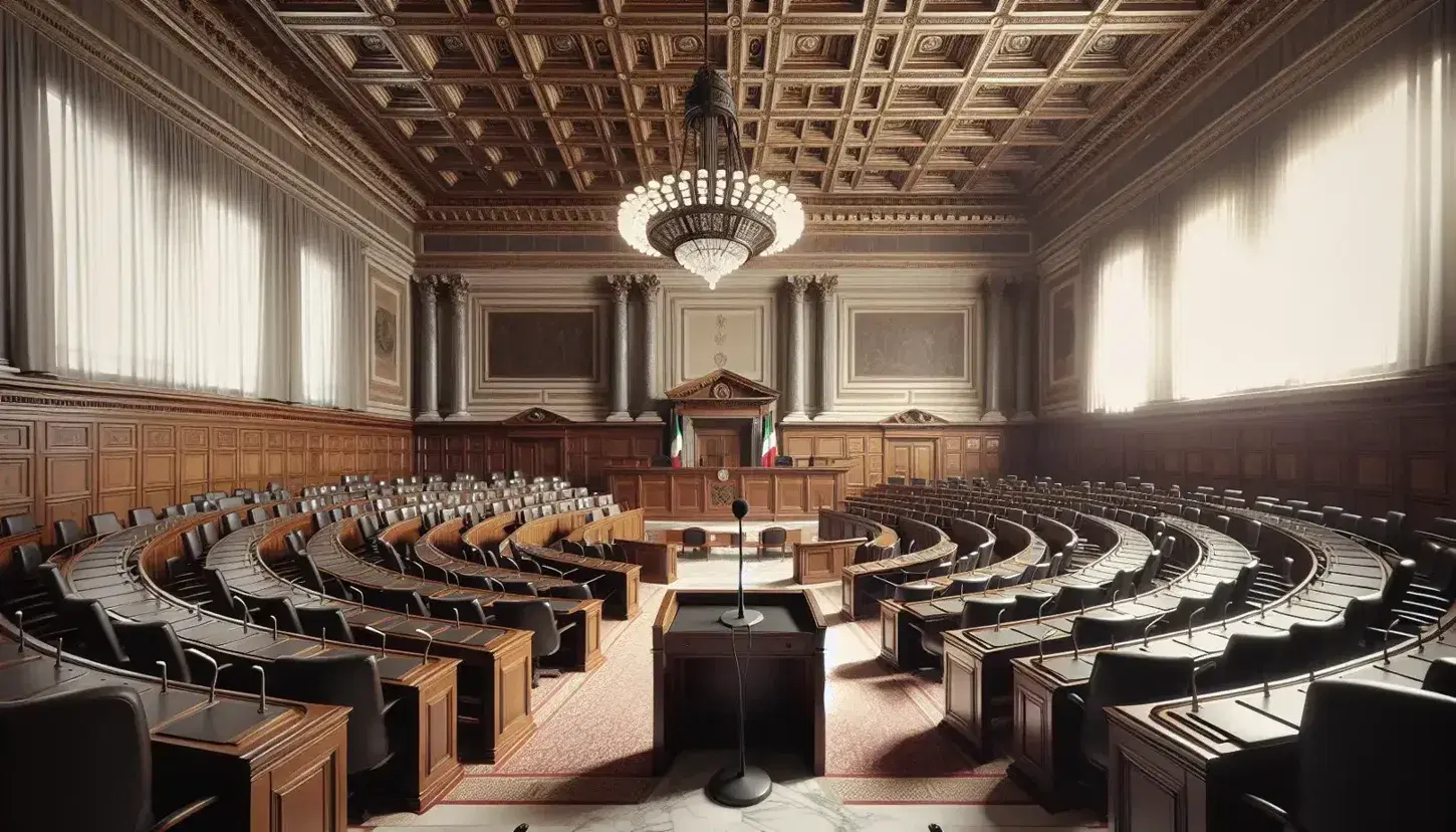 Sala legislativa italiana con scrivanie in legno scuro a semicerchio, podio centrale e microfono, pareti decorate e grande lampadario.