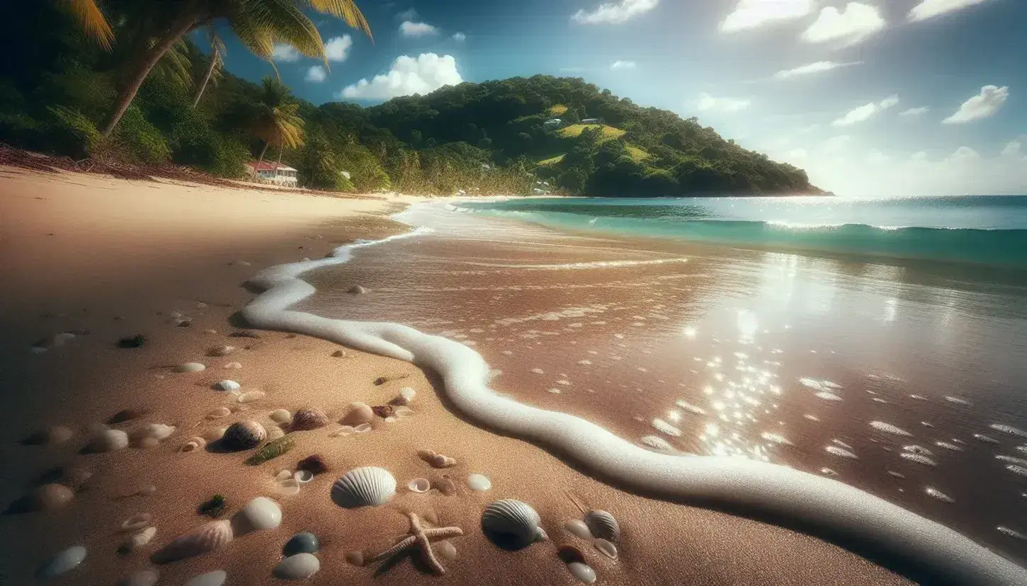 Serene Tobago beach with golden sand, scattered seashells, gentle turquoise waves, lush green hill, and a clear blue sky, reflecting a tranquil summer scene.