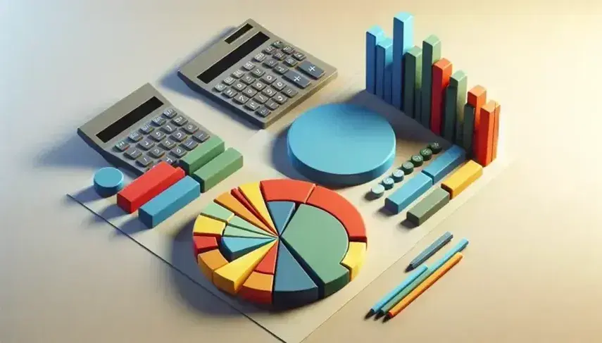 Gráficos de pastel en tres tamaños con segmentos coloridos y gráficos de barras en fondo, calculadora y gafas en primer plano.