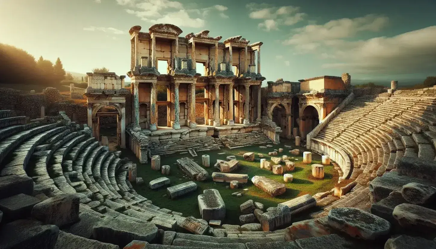 Ruinas de un complejo de edificios romanos antiguos con columnas corintias erosionadas, arcos rotos y un teatro semicircular bajo un cielo azul.
