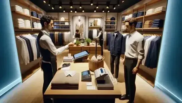 Commesso in gilet nero mostra etichetta prezzo a cliente in giacca blu in negozio di abbigliamento con scaffali di vestiti colorati.