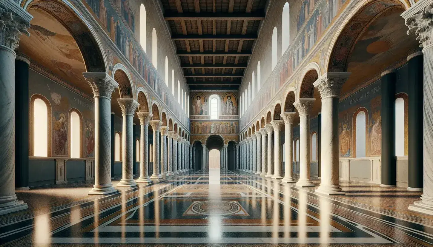 Interno di basilica paleocristiana con navata, colonne marmoree, affreschi biblici, soffitto a travi e mosaico dorato nell'abside.
