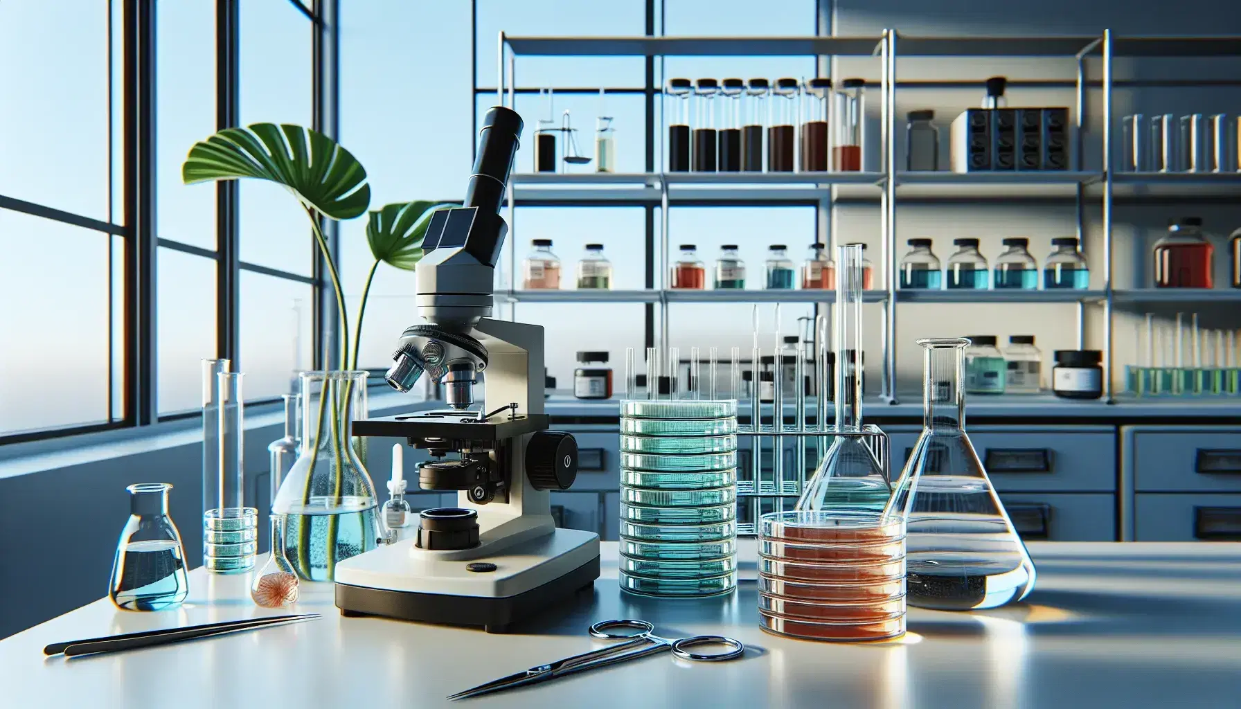 Laboratorio de biología con microscopio moderno, platos de Petri con medio de cultivo, pinzas, quemador Bunsen apagado, estantería con frascos de líquidos y planta verde.