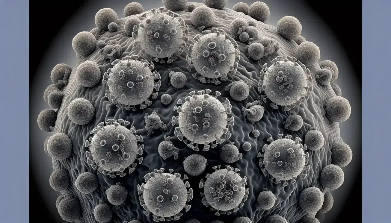 High-resolution electron micrograph showing spherical viruses with halo-like envelopes interacting with a host cell membrane, in grayscale.