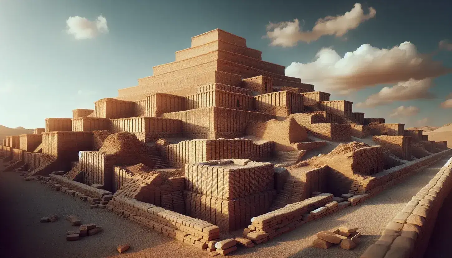 Ruinas antiguas con ziggurat escalonado bajo cielo azul, estructuras de adobe erosionadas y palmera solitaria, reflejando la historia milenaria.