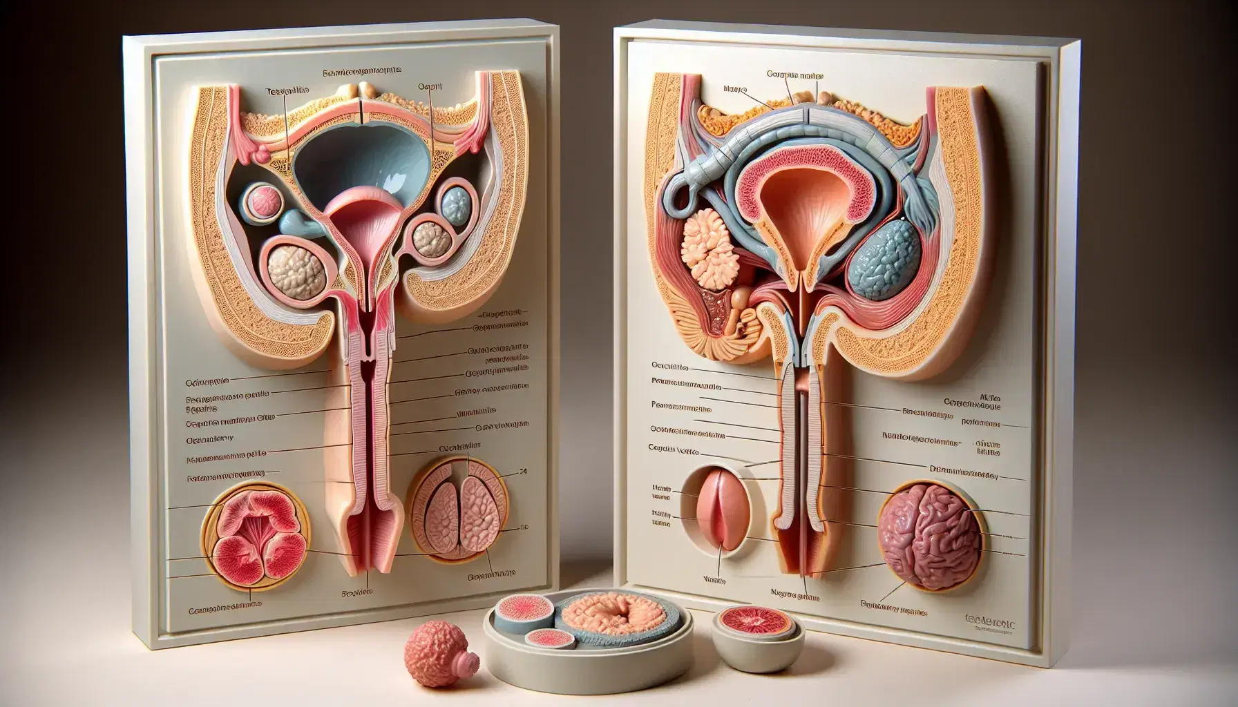 Modelos anatómicos tridimensionales de sistemas reproductivos masculino y femenino, mostrando órganos internos y secciones transversales para detalle estructural.