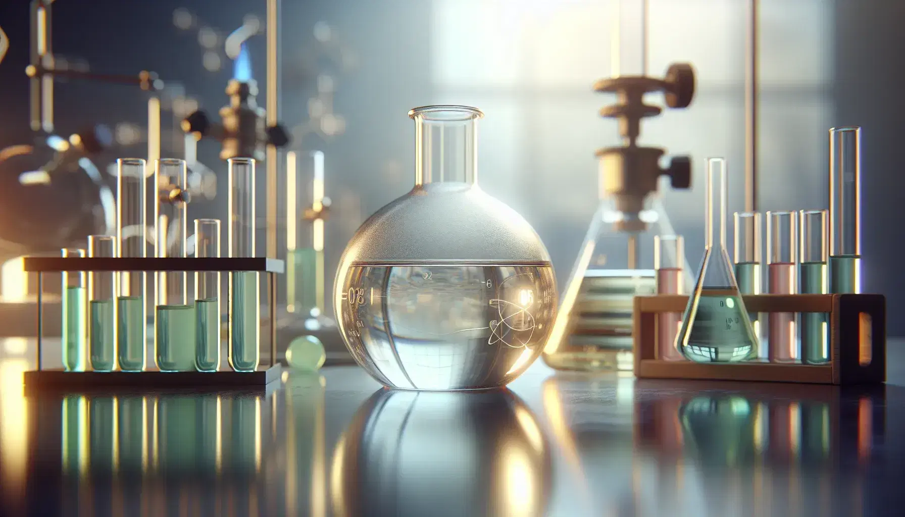 Glass flask with pale yellow liquid on reflective laboratory bench, Bunsen burner lit behind, colored test tubes on wooden stand.