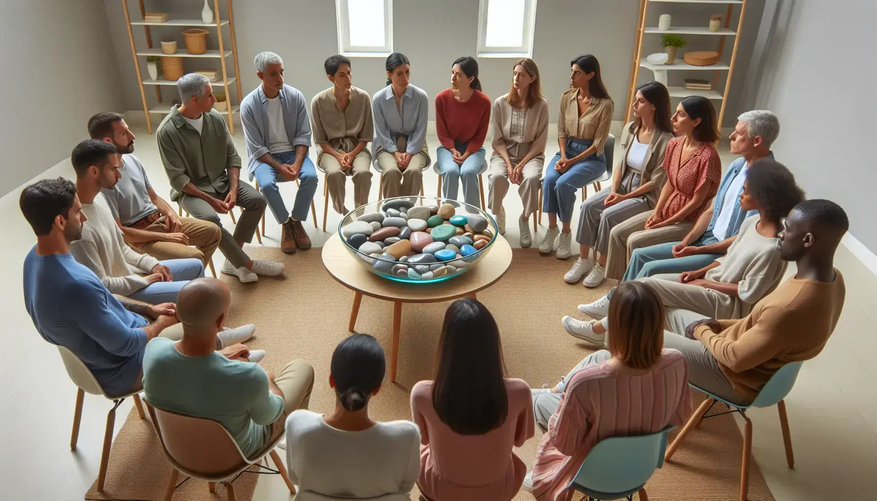 Multi-ethnic group in a circle during a support meeting, with a bowl of colored stones in the center, in a softly lit room.