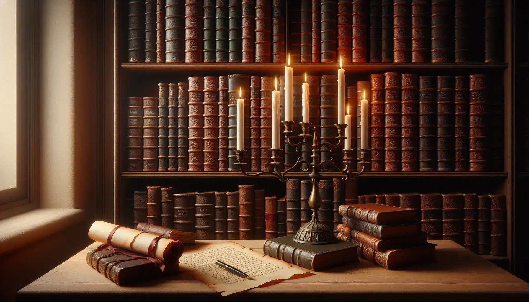 Estantería de madera oscura con libros antiguos de lomo de cuero y candelabro de bronce con velas encendidas sobre mesa, junto a pergamino atado con cinta roja.