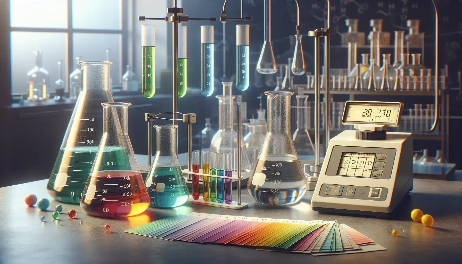 Laboratorio de química con Erlenmeyers conteniendo líquidos rojo, verde y azul, tiras de pH y balanza analítica, en ambiente de investigación científica.