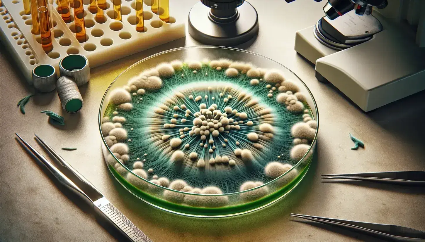 Close-up view of Aspergillus mold growth in a Petri dish with lab instruments and a researcher working in the background.