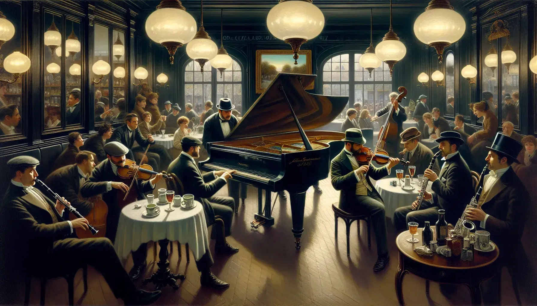 Musicisti in un caffè parigino d'inizio '900 con pianoforte, violino e clarinetto, circondati da clienti eleganti e opere impressioniste.