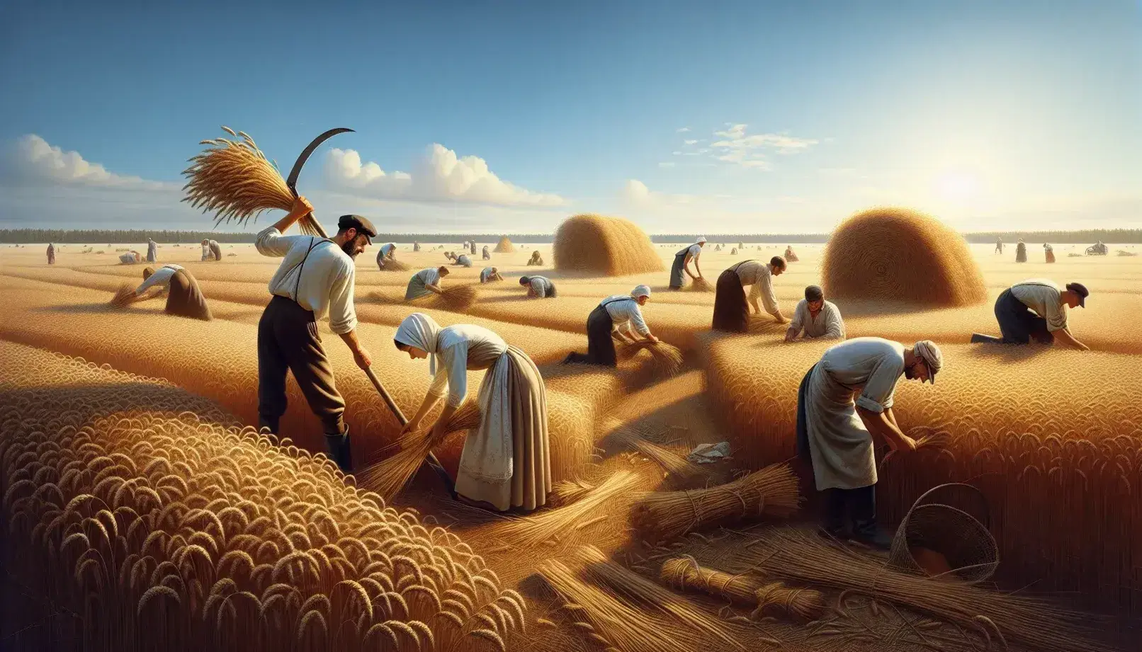 Campesinos rusos trabajando en campo de trigo dorado bajo cielo azul, con hombre segando y mujer atando gavillas.