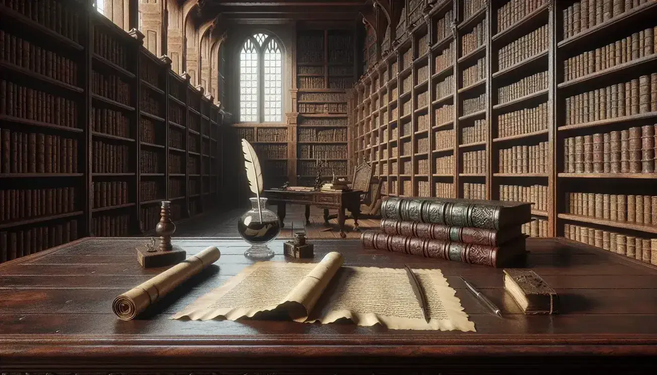 Biblioteca antica con scrivania in legno scuro, calamaio con penna d'oca, pergamena avorio e scaffali pieni di libri rilegati senza titoli.