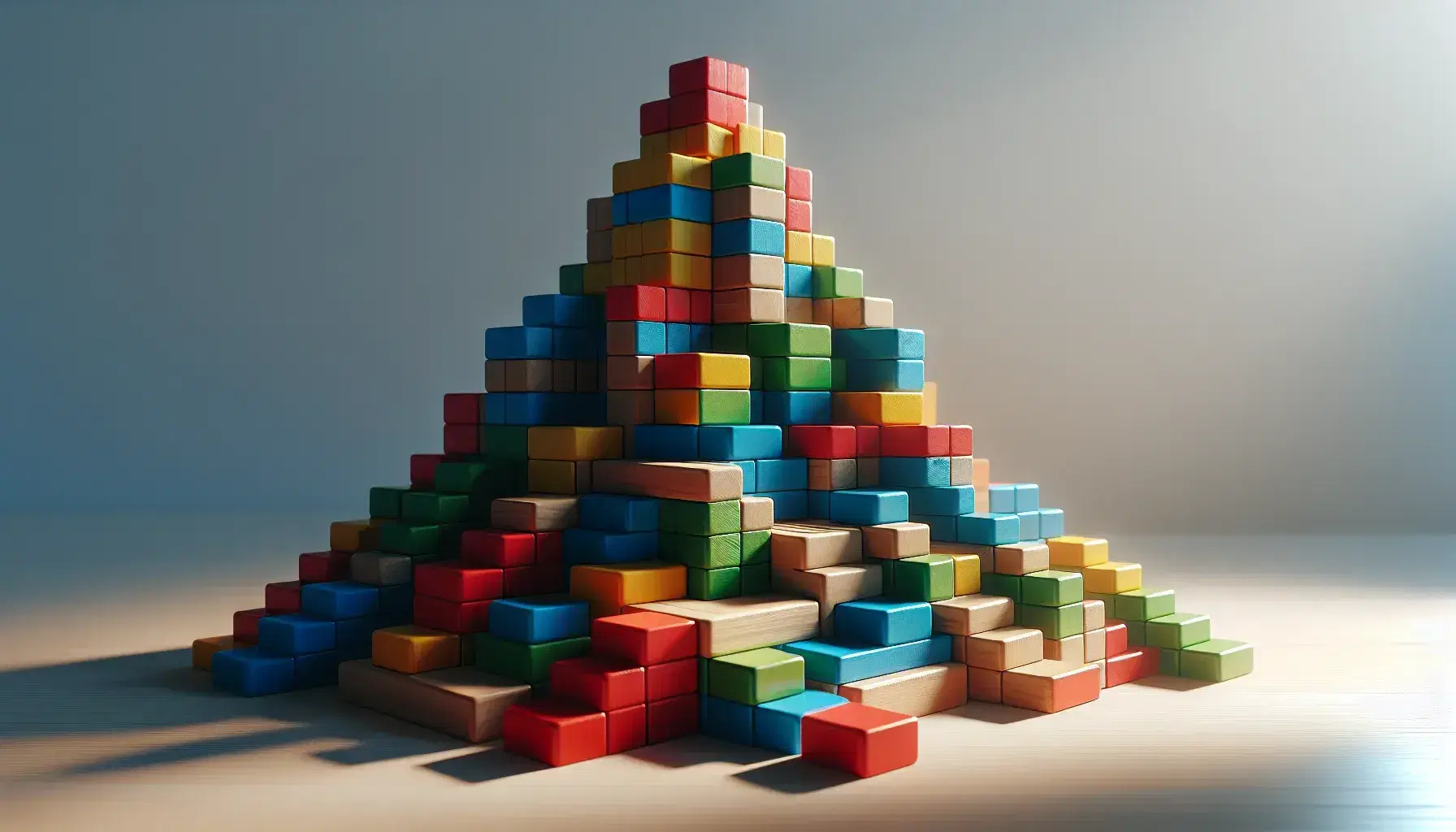 Blocchi di legno colorati impilati a formare una torre gradiente, dalla base rossa alla cima gialla, su superficie neutra.