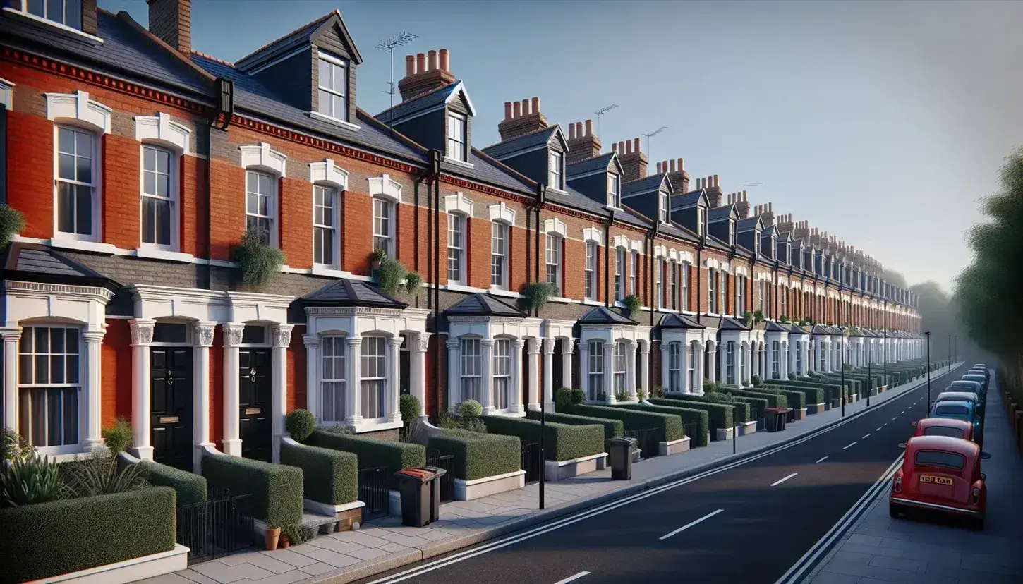 Row of traditional British red-brick terraced houses with white sash windows, black doors, and slate roofs under a clear blue sky, no people visible.