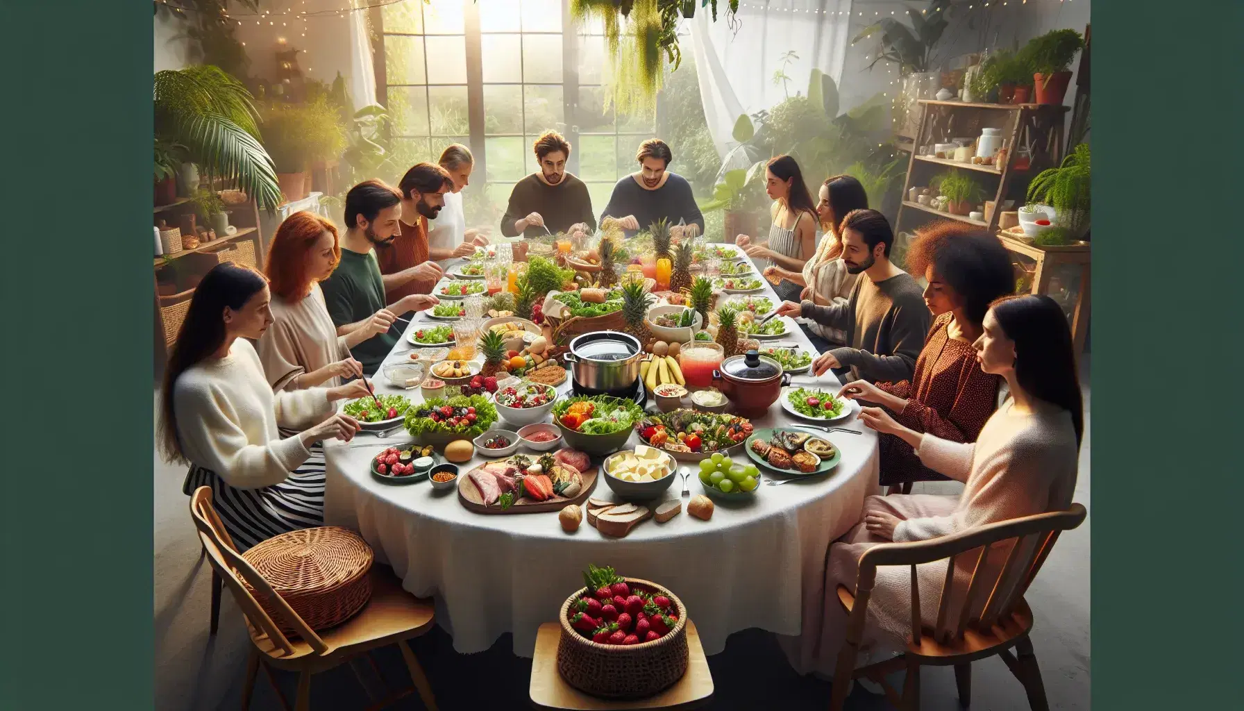 Multi-ethnic group sitting around a round table laden with various foods, salads, fruit, cheeses, meat and bread, in a welcoming environment.