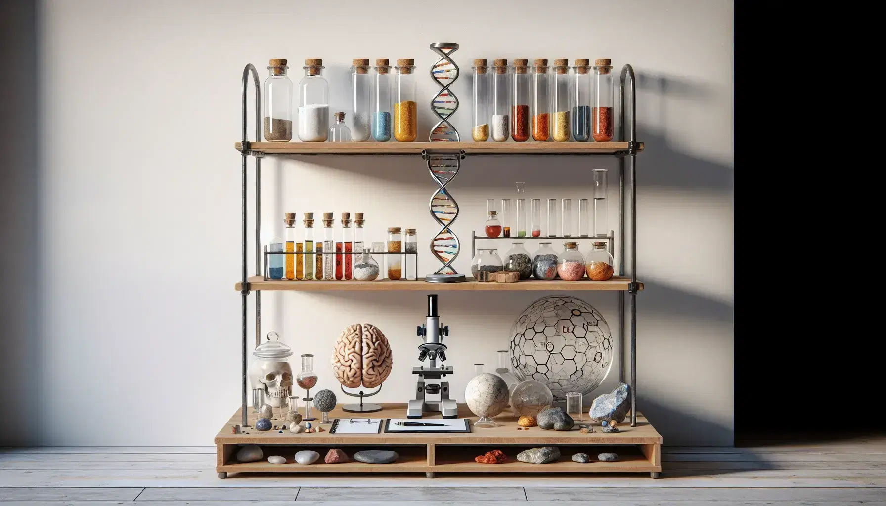 Estante de madera con frascos de polvos de colores, microscopio, modelos anatómicos, colección de minerales y mesa con globo terráqueo y planta.