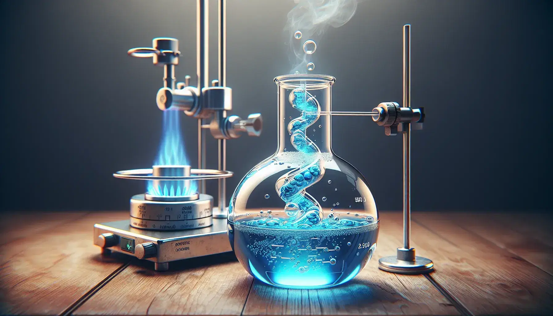 Glass flask on laboratory bench with blue liquid fizzing, extinguished gas burner in background and glass rod for stirring.