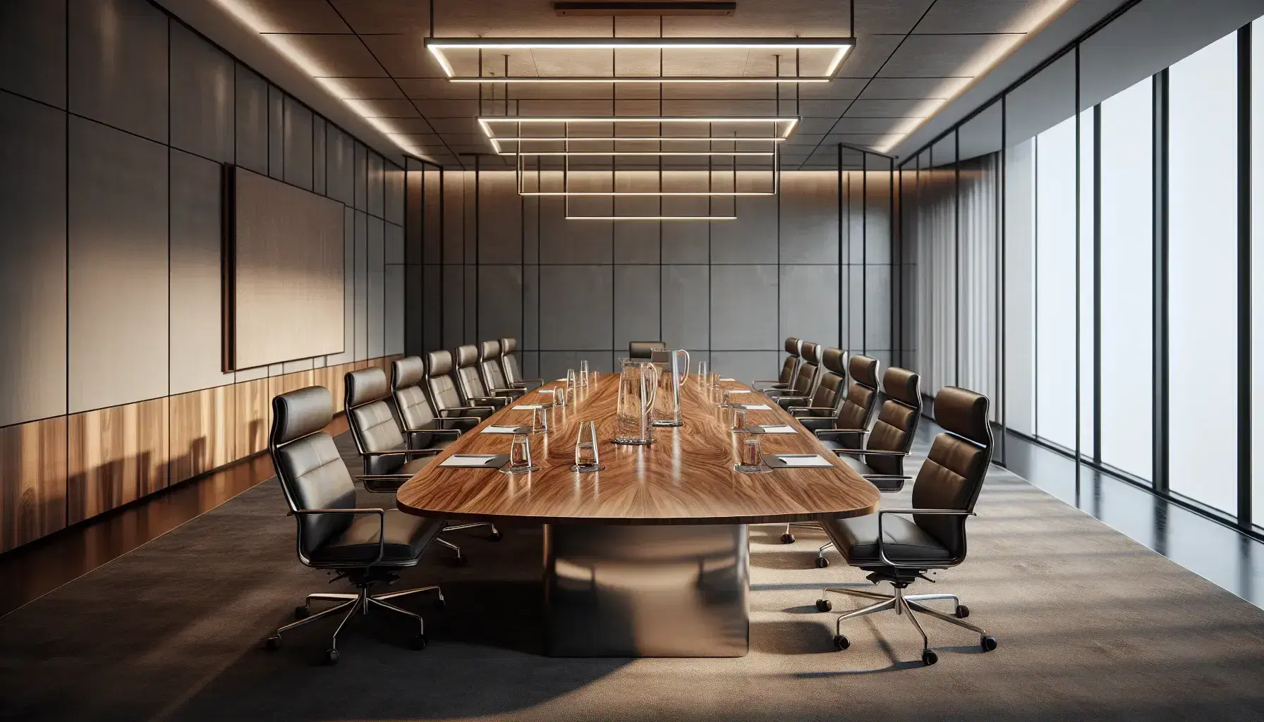 Modern corporate boardroom with a large oval wooden table, black leather chairs, contemporary lighting, and floor-to-ceiling windows overlooking the city.