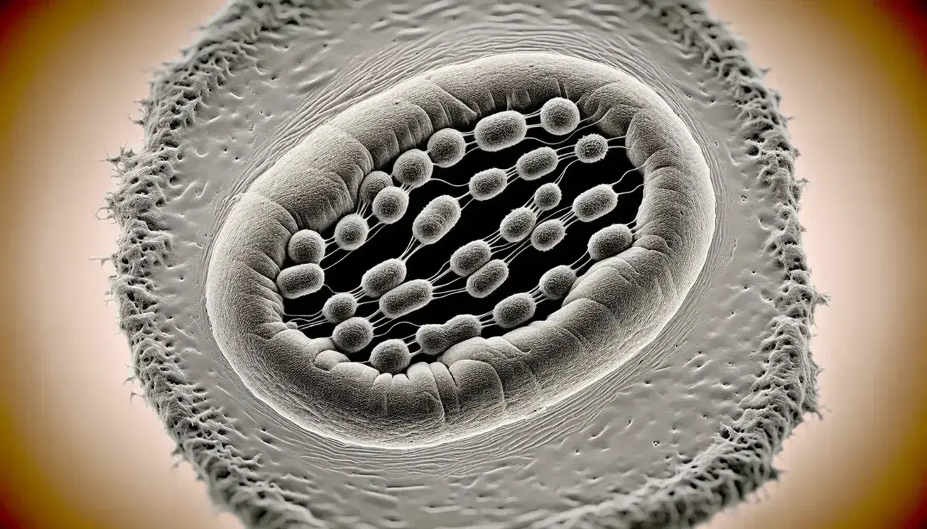 Cellula in fase di mitosi al microscopio elettronico a trasmissione, con cromosomi allineati sulla piastra metafasica, senza testo o simboli.