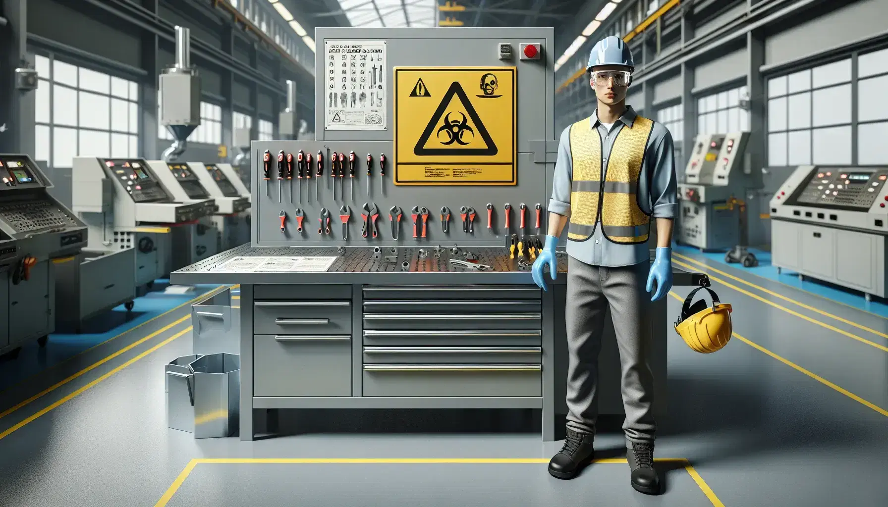 Trabajador con equipo de seguridad junto a mesa de trabajo con herramientas en espacio industrial, señal de casco de seguridad al fondo.